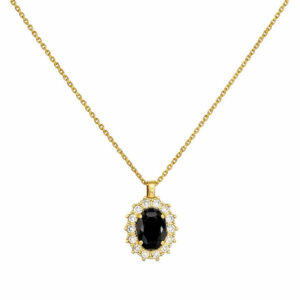 Κολιέ Χρυσό 14Κ Ροζέτα Οβάλ Με Μαύρη Πέτρα στο Κέντρο και Λευκές Περιμετρικά MSK-22638Y