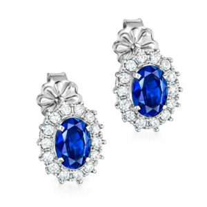 Σκουλαρίκια Λευκόχρυσα Κ14 Ροζέτα Οβάλ Με Μπλε Πέτρα Ζιργκόν στο Κέντρο και Λευκές περιμετρικά MSS-22631W