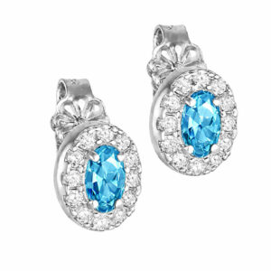 Σκουλαρίκια Λευκόχρυσα Κ14 Οβαλ Με Γαλάζια Πέτρα Ζιργκον στο Κέντρο και Λευκές Περιμετρικά  MSS-20994W