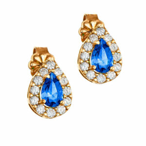 Σκουλαρίκια Ροζ Χρυσά Κ14 Δάκρυ Με Μπλε Πέτρα Ζιργκόν Στο Κέντρο & Λευκές Περιμετρικά  MSS-21505R