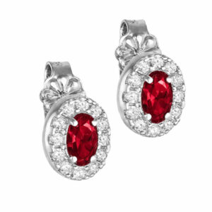 Σκουλαρίκια Λευκόχρυσα Κ14 Οβαλ Με Κόκκινη Πέτρα Ζιργκον στο Κέντρο και Λευκές Περιμετρικά  MSS-20992W