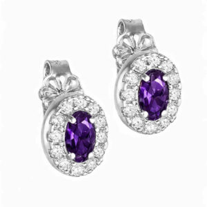 Σκουλαρίκια Λευκόχρυσα Κ14 Οβαλ Με Μωβ Πέτρα Ζιργκόν στο Κέντρο και Λευκές Περιμετρικά  MSS-20981W