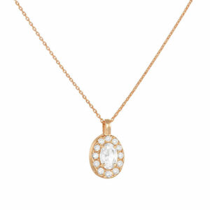 Κολιέ Ροζ Χρυσό Κ14 Ροζέτα Οβάλ Με Κεντρική Λευκή Πέτρα Ζιργκόν & Λευκές Περιμετρικά MSK-22601R