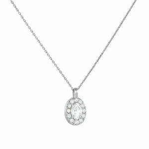 Κολιέ Λευκόχρυσο Κ14 Ροζέτα Οβάλ Με Κεντρική Λευκή Πέτρα Ζιργκόν & Λευκές Περιμετρικά MSK-22601W