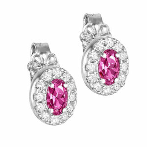 Σκουλαρίκια Λευκόχρυσα Κ14 Οβαλ Με Ροζ Πέτρα Ζιργκον στο Κέντρο και Λευκές Περιμετρικά  MSS-20977W