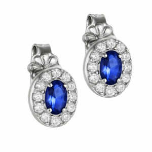 Σκουλαρίκια Λευκόχρυσα Κ14 Οβαλ Με Μπλε Πέτρα Ζιργκον στο Κέντρο και Λευκές Περιμετρικά  MSS-20991W
