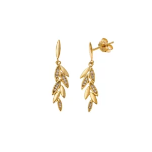 Εντυπωσιακά Σκουλαρίκια Κρεμαστά Ασημένια Επιχρυσωμένα 925 Με Φύλλα & Λευκές Πέτρες Ζιργκόν KAL-25121Y