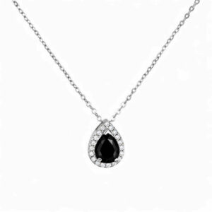 Κολιέ Λευκόχρυσο Κ14 Ροζέτα Δάκρυ Με Μαύρη Πέτρα Ζιργκόν στο κέντρο & Λευκές Περιμετρικά MSK-20840W