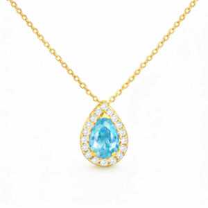 Κολιέ Χρυσό Κ14 Ροζέτα Δάκρυ Με Γαλάζια Πέτρα Ζιργκόν στο κέντρο και Λευκές περιμετρικά MSK-22409Y