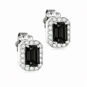 Σκουλαρίκια Λευκόχρυσα Κ14 Ορθογώνια Με Μαύρη Πέτρα Ζιργκόν Σε Κοπή Baquette & Λευκές Στρόγγυλες Περιμετρικά MSS-22791W