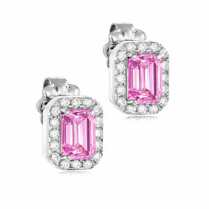Σκουλαρίκια Λευκόχρυσα Κ14 Ορθογώνια Με Ροζ Πέτρα Ζιργκόν Σε Κοπή Baquette & Λευκές Στρόγγυλες Περιμετρικά MSS-22883W