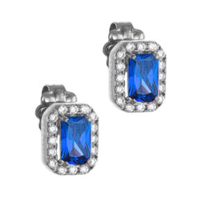 Σκουλαρίκια Λευκόχρυσα Κ14 Ορθογώνια Με Μπλε Πέτρα Ζιργκόν Σε Κοπή Baquette & Λευκές Στρόγγυλες Περιμετρικά MSS-22790W