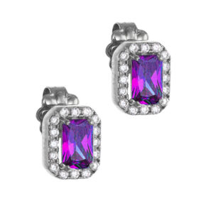 Σκουλαρίκια Λευκόχρυσα Κ14 Ορθογώνια Με Μωβ Πέτρα Ζιργκόν Σε Κοπή Baquette & Λευκές Στρόγγυλες Περιμετρικά MSS-22881W