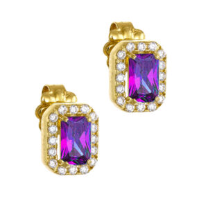 Σκουλαρίκια Χρυσά Κ14 Με Μωβ Πέτρα Ζιργκόν Σε Κοπή Baquette & Λευκές Στρόγγυλες Περιμετρικά MSS-22881Y