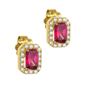 Σκουλαρίκια Χρυσά Κ14 Με Κόκκινη Πέτρα Ζιργκόν Σε Κοπή Baquette & Λευκές Στρόγγυλες Περιμετρικά MSS-22880Y