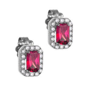 Σκουλαρίκια Λευκόχρυσα Κ14 Ορθογώνια Με Κόκκινη Πέτρα Ζιργκόν Σε Κοπή Baquette & Λευκές Στρόγγυλες Περιμετρικά MSS-22880W