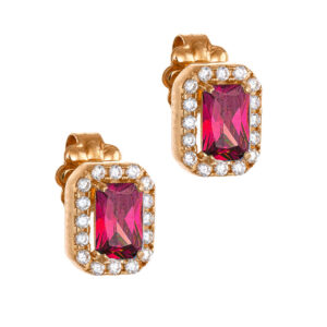 Σκουλαρίκια Rosegold Κ14 Με Κόκκινη Πέτρα Ζιργκόν Σε Κοπή Baquette & Λευκές Στρόγγυλες Περιμετρικά MSS-22880R