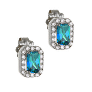 Σκουλαρίκια Λευκόχρυσα Κ14 Ορθογώνια Με Γαλάζια Πέτρα Ζιργκόν Σε Κοπή Baquette & Λευκές Στρόγγυλες Περιμετρικά MSS-22882W