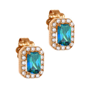 Σκουλαρίκια Rosegold Κ14 Με Γαλάζια Πέτρα Ζιργκόν Σε Κοπή Baquette & Λευκές Στρόγγυλες Περιμετρικά MSS-22882R