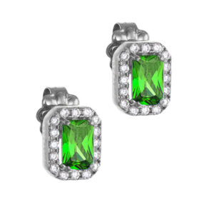 Σκουλαρίκια Λευκόχρυσα Κ14 Ορθογώνια Με Πράσινη Πέτρα Ζιργκόν Σε Κοπή Baquette & Λευκές Στρόγγυλες Περιμετρικά MSS-22789W