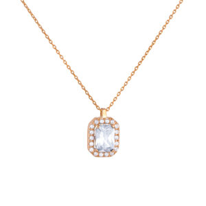 Κολιέ Rosegold Κ14 Ροζέτα Ορθογώνια Με Λευκή Πέτρα Ζιργκόν Στο Κέντρο & Λευκές Στρόγγυλες Περιμετρικά MSK-20837R