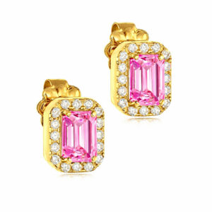 Σκουλαρίκια Χρυσά Κ14 Με Ροζ Πέτρα Ζιργκόν Σε Κοπή Baquette & Λευκές Στρόγγυλες Περιμετρικά MSS-22883Y