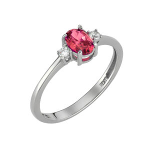 Δαχτυλίδι Λευκόχρυσο K14 Με Κεντρική Οβαλ Κόκκινη Πέτρα Ζιργκον & Δύο Στρόγγυλες Λευκές MSD-24813W