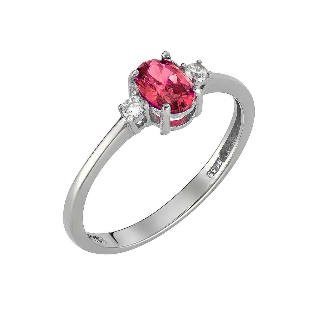 Δαχτυλίδι Λευκόχρυσο K14 Με Κεντρική Οβαλ Κόκκινη Πέτρα Ζιργκον & Δύο Στρόγγυλες Λευκές MSD-24813W