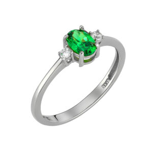 Δαχτυλίδι Λευκόχρυσο K14 Με Κεντρική Οβαλ Πράσινη Πέτρα Ζιργκον & Δύο Στρόγγυλες Λευκές MSD-10159W