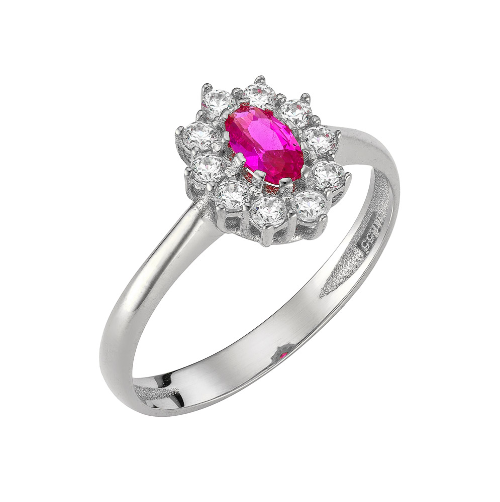 Δαχτυλίδι Ροζέτα Λευκόχρυσο 14K Με Ροζ Κεντρική & Λευκές Πέτρες Ζιργκόν Περιμετρικά MSD-10161W