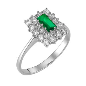 Γυναικείο Δαχτυλίδι Ροζέτα Λευκόχρυσο 14Κ Με Πράσινη Πέτρα Ζιργκόν Σε Κοπή BAGUETTE & Στρόγγυλες Μικρότερες Περιμετρικά MSD-10163W