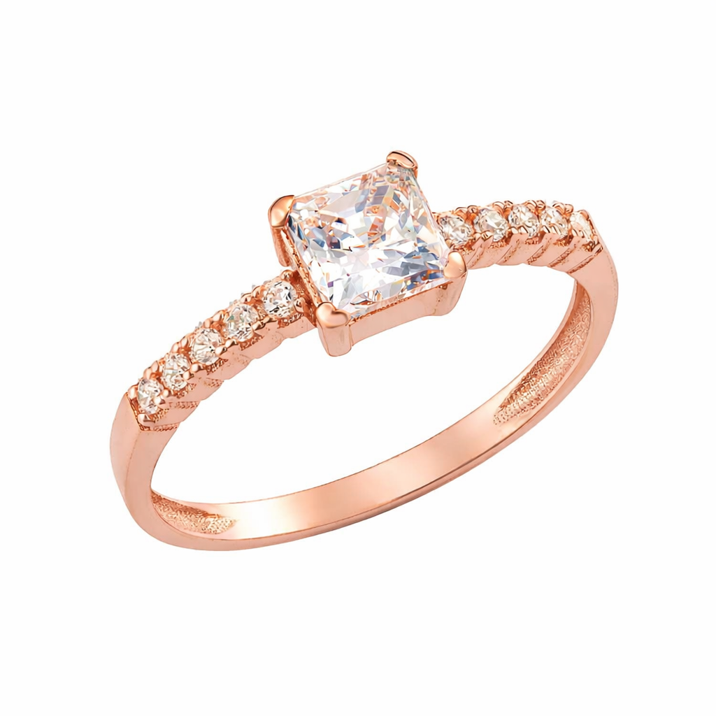 Γυναικείο Δαχτυλίδι Ροζ Χρυσό 14Κ Με Τετράγωνη Λευκή Πέτρα Ζιργκόν Στο Κέντρο & Στρόγγυλες Κατά Μήκος Του Δαχτυλιδιού MSD-20951R