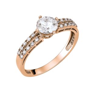 Μονόπετρο Δαχτυλίδι Ροζ Χρυσό 14K Με Κεντρική & Πλαϊνές Λευκές Πέτρες Ζιργκον MSD-21236R