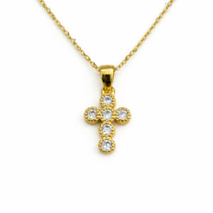 Κολιέ Σταυρός Ασημένιος Επιχρυσωμένος με Λευκές Πέτρες Ζιργκόν MRK-24001Y