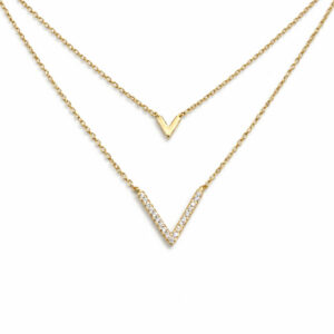 Κολιέ Ασημένιο Επιχρυσωμένο 925 Με Διπλή Αλυσίδα με Λευκές Πέτρες Ζιργκόν MRK-24004Y