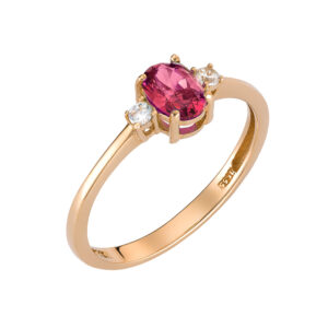 Δαχτυλίδι Ροζ Χρυσό K14 Με Κεντρική Οβαλ Κόκκινη Πέτρα Ζιργκον & Δύο Στρόγγυλες Λευκές MSD-24832R