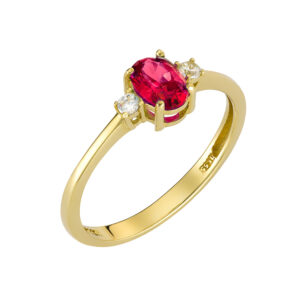 Δαχτυλίδι Χρυσό K14 Με Κεντρική Οβαλ Κόκκινη Πέτρα Ζιργκον & Δύο Στρόγγυλες Λευκές MSD-24848Y