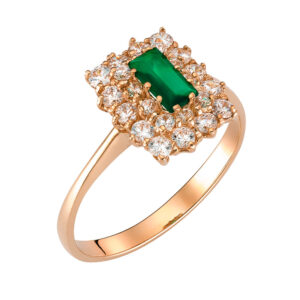 Γυναικείο Δαχτυλίδι Ροζέτα Ροζ Χρυσό 14Κ Με Πράσινη Πέτρα Ζιργκόν Σε Κοπή BAGUETTE & Στρόγγυλες Μικρότερες Περιμετρικά MSD-10163R