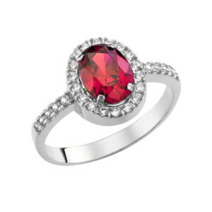Γυναικείο Δαχτυλίδι Ροζέτα Λευκόχρυσο 14Κ Με Κόκκινη Οβάλ Πέτρα Ζιργκον Στο Κέντρο & Λευκές Στρόγγυλες Περιμετρικά MSD-20948W