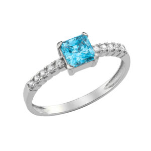 Γυναικείο Δαχτυλίδι Λευκόχρυσο 14Κ Με Τετράγωνη Γαλάζια Πέτρα Ζιργκόν Στο Κέντρο & Στρόγγυλες Κατά Μήκος Του Δαχτυλιδιού MSD-24819W