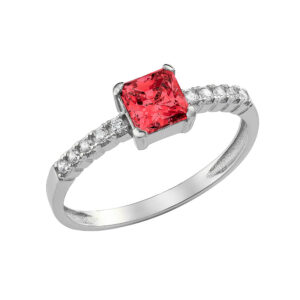 Γυναικείο Δαχτυλίδι Λευκόχρυσο 14Κ Με Τετράγωνη Κόκκινη Πέτρα Ζιργκόν Στο Κέντρο & Στρόγγυλες Κατά Μήκος Του Δαχτυλιδιού MSD-24820W