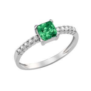 Γυναικείο Δαχτυλίδι Λευκόχρυσο 14Κ Με Τετράγωνη Πράσινη Πέτρα Ζιργκόν Στο Κέντρο & Στρόγγυλες Κατά Μήκος Του Δαχτυλιδιού MSD-24817W
