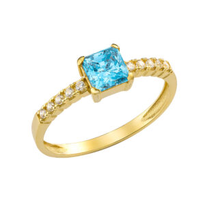Γυναικείο Δαχτυλίδι Χρυσό 14Κ Με Τετράγωνη Γαλάζια Πέτρα Ζιργκόν Στο Κέντρο & Στρόγγυλες Κατά Μήκος Του Δαχτυλιδιού  MSD-24872Υ