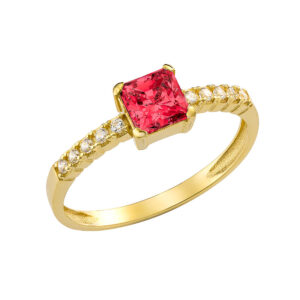 Γυναικείο Δαχτυλίδι Χρυσό 14Κ Με Τετράγωνη Κόκκινη Πέτρα Ζιργκόν Στο Κέντρο & Στρόγγυλες Κατά Μήκος Του Δαχτυλιδιού  MSD-24873Υ