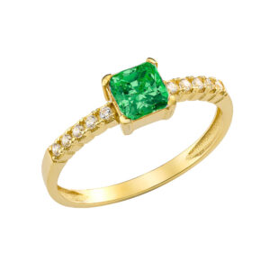 Γυναικείο Δαχτυλίδι Χρυσό 14Κ Με Τετράγωνη Πράσινη Πέτρα Ζιργκόν Στο Κέντρο & Στρόγγυλες Κατά Μήκος Του Δαχτυλιδιού  MSD-24874Υ