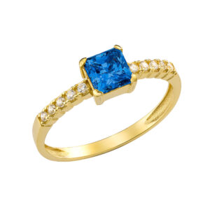 Γυναικείο Δαχτυλίδι Χρυσό 14Κ Με Τετράγωνη Μπλε Πέτρα Ζιργκόν Στο Κέντρο & Στρόγγυλες Κατά Μήκος Του Δαχτυλιδιού  MSD-24871Υ