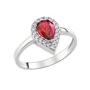 Δαχτυλίδι Λευκόχρυσο 14Κ Δάκρυ Με Κόκκινη Πέτρα Ζιργκον Στο Κέντρο & Λευκές Περιμετρικά MSD-20963W