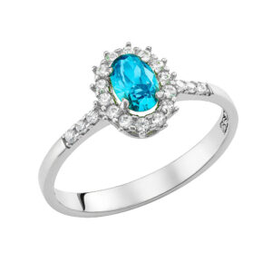 Δαχτυλίδι Λευκόχρυσο 14Κ Ροζέτα Οβάλ Με Γαλάζια Πέτρα Και Λευκές Πέτρες Ζιργκόν MSD-24826W