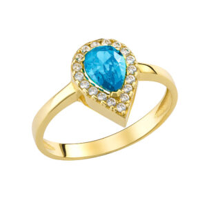Δαχτυλίδι Χρυσό 14Κ Με Γαλάζια Πέτρα Ζιργκόν Σε Σχήμα Δάκρυ & Στρόγγυλες Περιμετρικά MSD-24881Υ