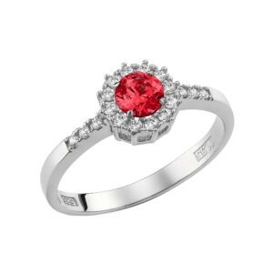 Δαχτυλίδι Ροζέτα Λευκόχρυσο 14Κ Με Στρόγγυλη Κεντρική Κόκκινη Πέτρα & Λευκές Ζιργκον Περιμετρικά MSD-24828W
